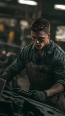 Obraz premium a man in a factory working on a car with a wrench