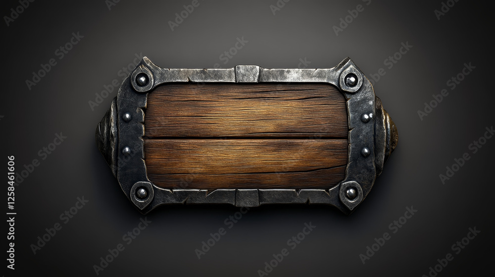 Poster medieval ui game wooden button with metal frame sprite for animation. fantasy rpg title sign design 