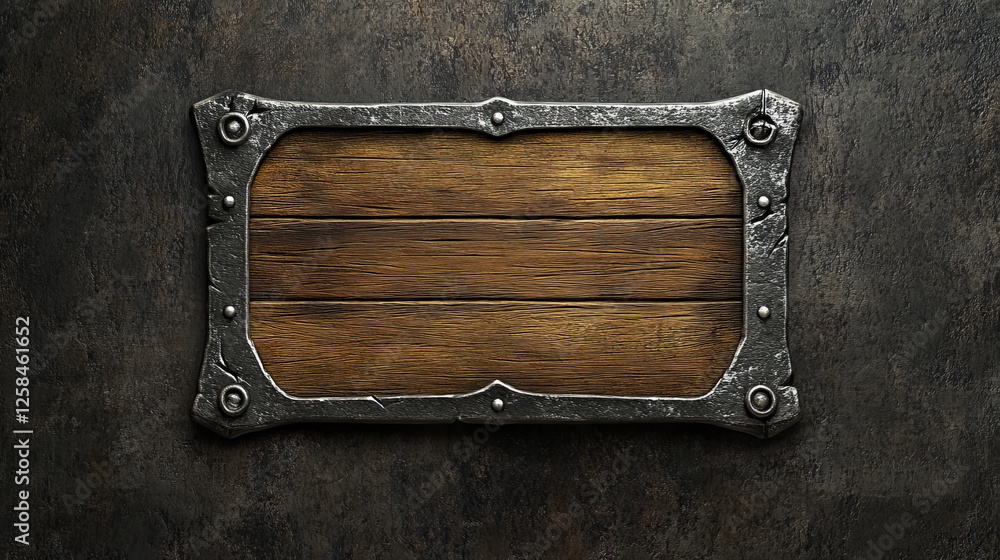 Poster medieval ui game wooden button with metal frame sprite for animation. fantasy rpg title sign design 