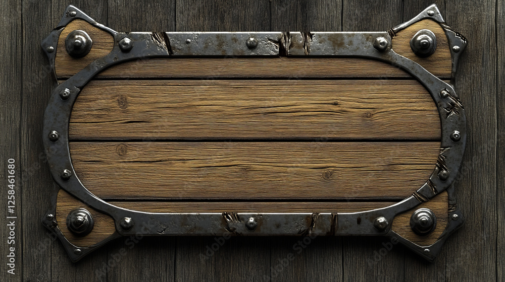 Poster medieval ui game wooden button with metal frame sprite for animation. fantasy rpg title sign design 