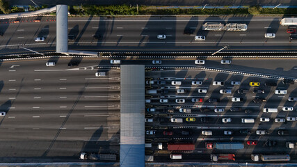 Aerial view gate for expressway fee payment in the city..
