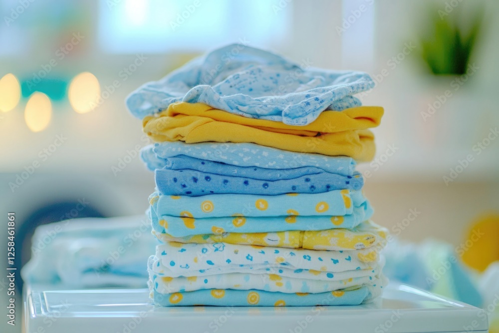 Poster a stack of folded towels resting on the top of a washing machine, perfect for a home or laundry them