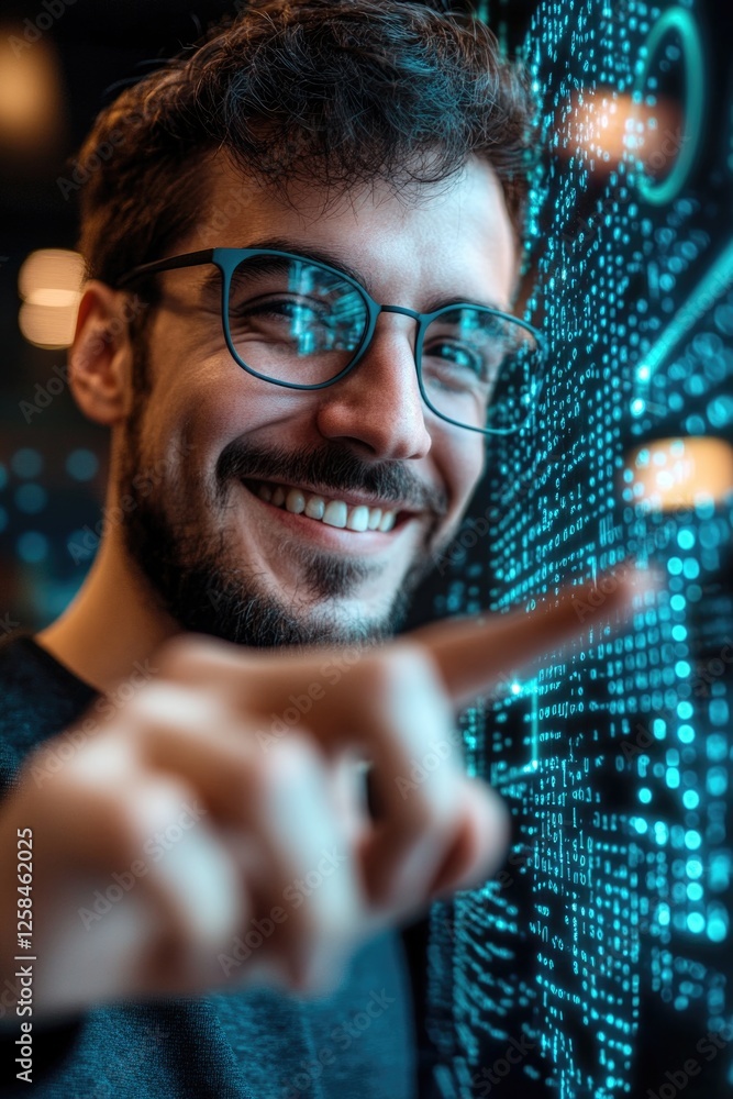 Poster a person wearing glasses points at a computer or smartphone screen, indicating something