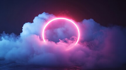 Floating abstract cloud illuminated by a radiant pink neon ring, surrounded by subtle fog, generative ai