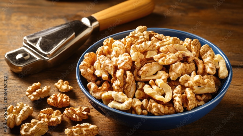 Aufkleber a bowl of walnuts sits next to a knife on a wooden table, perfect for snacking or as a decorative pi