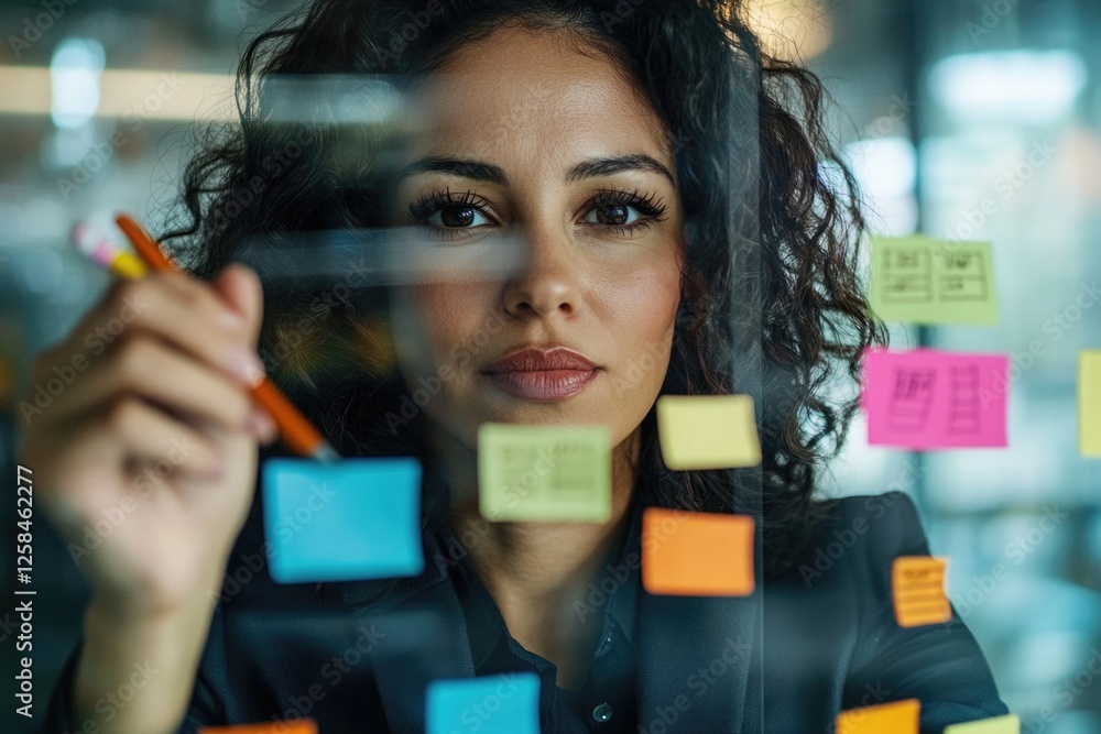 Poster a person reviews sticky notes on a transparent surface