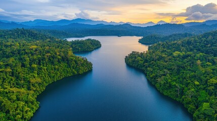 Naklejka premium Serene Aerial View of Lush Green Forest and Tranquil River at Sunset