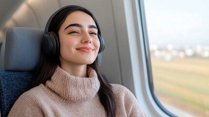 young woman sitting on a train