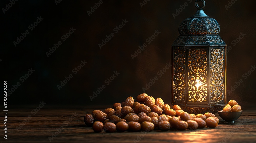 Poster soft lantern light casts a warm glow on a scattered arrangement of dates, creating an inviting and s