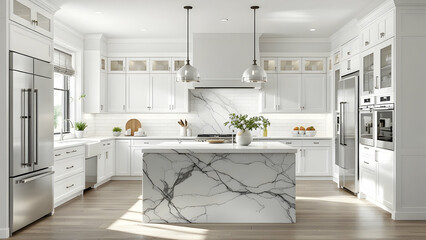 Open Concept: A spacious, open kitchen with white cabinetry, a sleek marble island, and no overhead cabinets.