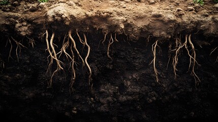 Close-up view of plant roots in rich soil, showing detailed root system and earth texture