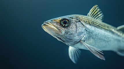 Fototapeta premium Close-Up of a Silver Fish Swimming Gracefully in a Deep Blue Underwater Environment