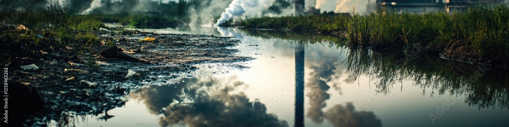 Poster a scenic view of a river with smoke rising from the surface, perfect for use in environmental or ind