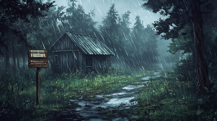 Wooden house standing in forest under rain. Cartoon wet weather summer landscape of woodland with signboard near path leading to small shack, green trees and puddles. Rainy gloomy and overcast scenery