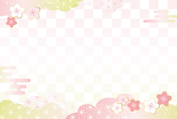 春の桜と和柄 背景 市松模様