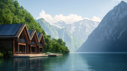 Fototapeta premium Tranquil Lakeside Cabins Against Majestic Mountain Backdrop