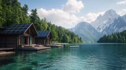 Fototapeta premium Scenic Mountain Retreat with Solar-Powered Cabins by Clear Lake