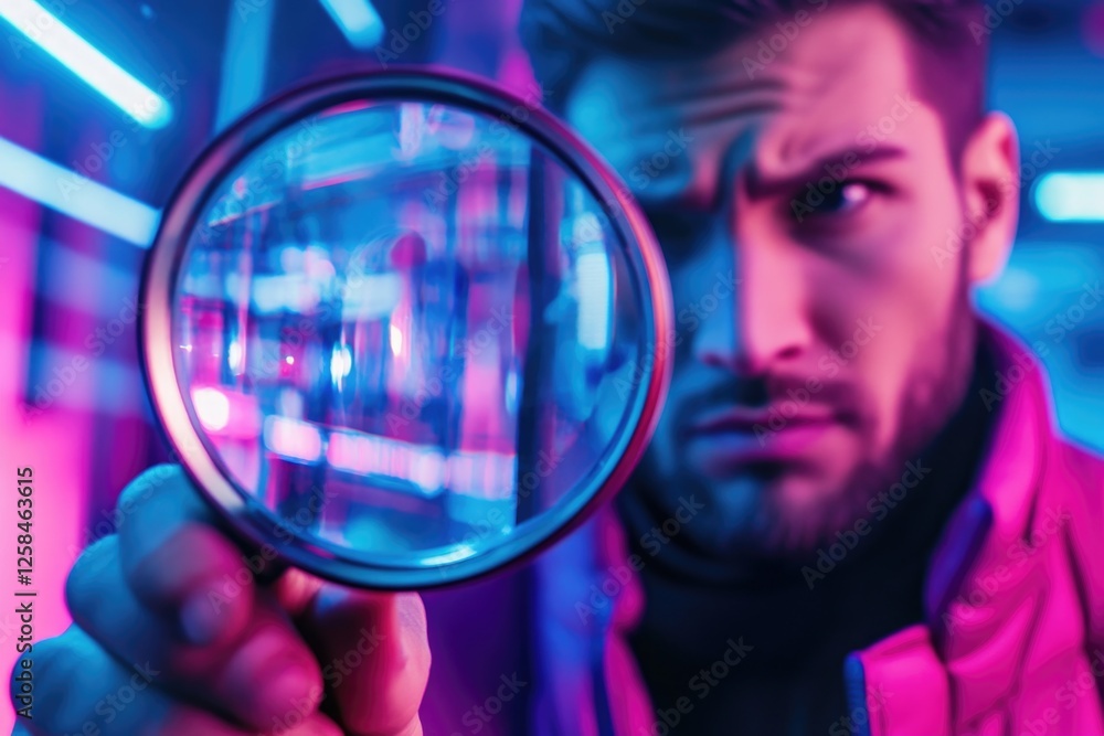 Poster a person closely studying an object or detail using a magnifying glass
