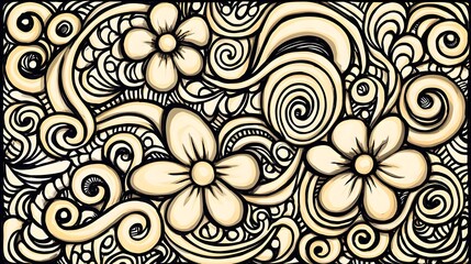 Intricate Black and White Floral Pattern with Swirls and Designs