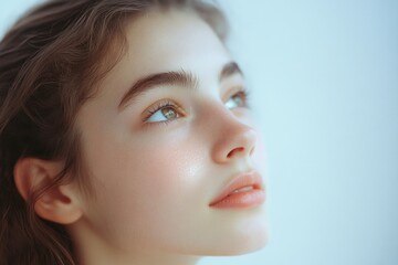Naklejka premium A close-up shot of a young woman's face with striking blue eyes
