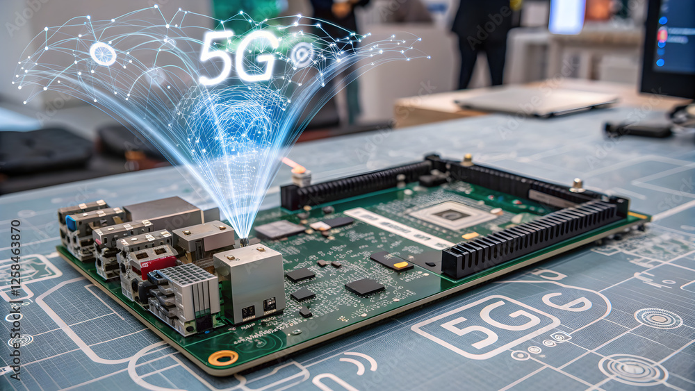 Poster electronic circuit board floating signals of fast internet 5g network connection