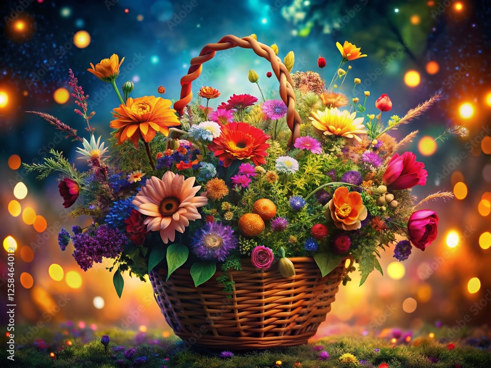 Wall mural Surreal Flower Basket: Bokeh Dreamland, Artistic Floral Pattern, Whimsical Bloom Arrangement