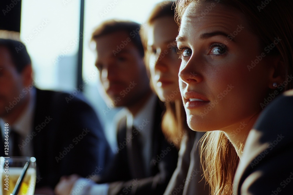 Poster group of professionals seated around a table with laptops and notes, ideal for corporate or business
