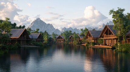 Fototapeta premium Scenic Mountain Resort with Wooden Cabins and Serene Lake View