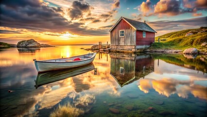 Fototapeta premium Surreal Fogo Island Fishing Rowboat: Wooden Boathouse Dreamscape