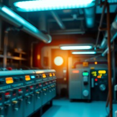 Naklejka premium Lights photographed with defocus for special effects soft focus of light motion on electrical room low voltage motor control center cabinet in coal power plant at nighttime motion bokeh Bokeh light