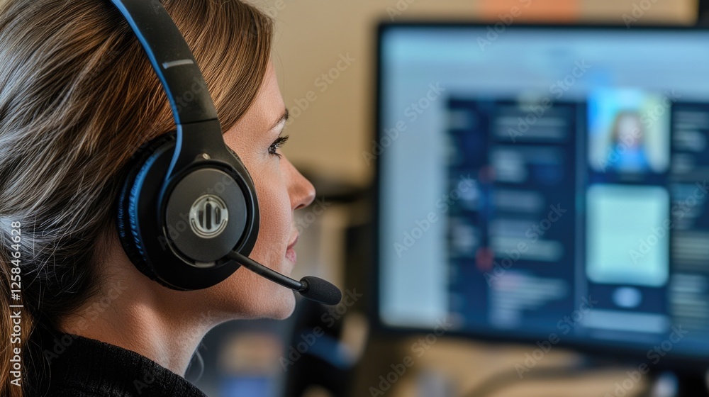 Poster a woman wears a headset while working on her computer, great for tech-related concepts and remote wo