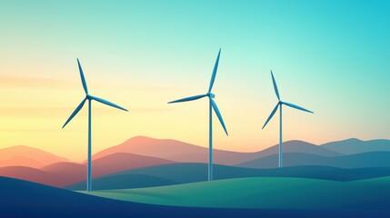 Obraz premium Tranquil Landscape with Wind Turbines Under Sunset Sky