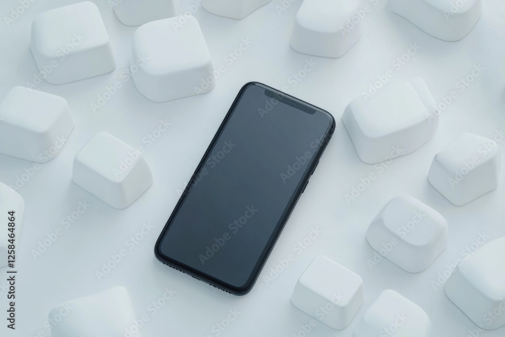 Poster a close-up of a black cell phone surrounded by white cubes, great for tech or minimalist themed comp