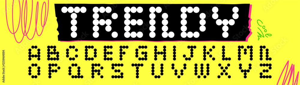 Poster dots and letters form a trendy display of the alphabet on a vibrant yellow background in a creative 