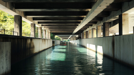 Pedestrian bridge poster with isometric architecture construction over river, canal or bay. Vector horizontal banner with walkway street and boat under footbridge