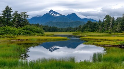 Fototapeta premium Tranquil landscape featuring a calm lake surrounded by lush greenery and majestic mountains under soft clouds in a serene wilderness setting