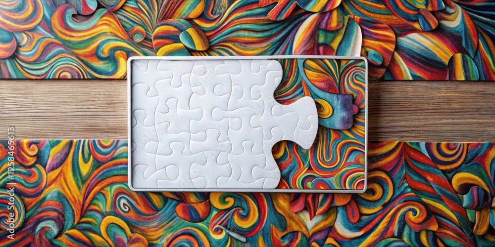 Poster Abstract Puzzle Image Colorful Swirls and a Blank Jigsaw Puzzle Frame on Wood