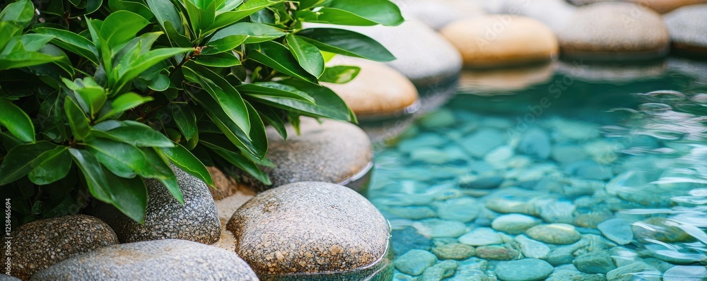 Poster a serene water feature surrounded by smooth stones and lush greenery, creating a tranquil and inviti