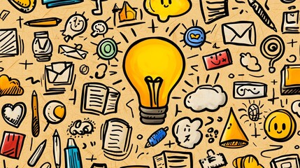 Creative Doodle Background with Light Bulb and Various Icons