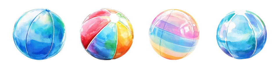 Watercolor set of inflatable beach balls png. Striped rubber inflatable balls in bright colors for the pool or sea. Concept of beach games and summer fun. Vector illustration.
