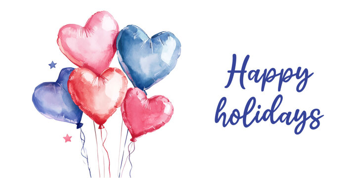 Watercolor heart-shaped balloons png. Watercolor foil balloons in the shape of a heart on a string with the inscription "Happy Holidays". Elements for the concept of celebration and gifts. 