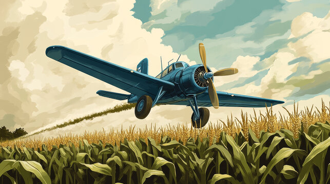 Crop duster plane with corn company banner flying over green maize field. Farm airplane in blue cloudy sky. Agricultural cropduster machine , farming aviation, aircraft, Cartoon vector illustration