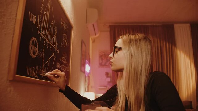 Focused woman drawing business graph on blackboard