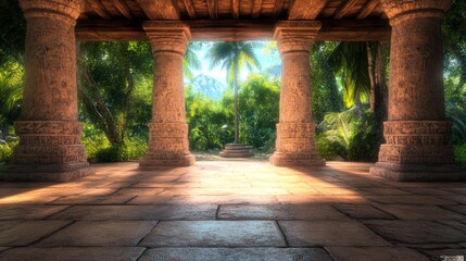 Naklejka premium Sunlight streams through a stone colonnade, revealing a lush tropical garden beyond. Serene and peaceful.