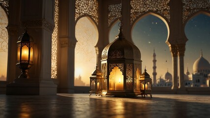 Islamic Ramadan Background, Elegant Golden Lantern with Mosque Silhouette
