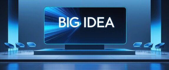 A modern conference area features a large display screen highlighting the phrase Big Idea. Sleek blue chairs surround the stage, emphasizing a focus on creativity and inspiration