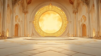 Obraz premium Golden Hallway. A majestic interior with a large, ornate golden circle as the centerpiece.