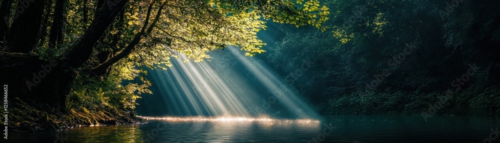 Poster a serene river scene with sunlight streaming through trees, creating a tranquil atmosphere and highl
