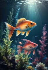 Fototapeta premium Dreamy underwater scene with glowing fish and seaweed, bioluminescence, submerged