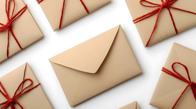 Brown Envelopes Tied with Red String on White Background